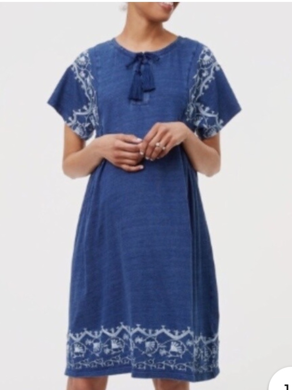 LOFT Ann Taylor Embroidered Boho Dress Small Blue Indigo Tassel Tie Neck Cotton